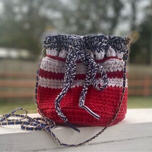 Red and White Mini Knit Bag with Drawstring Closure